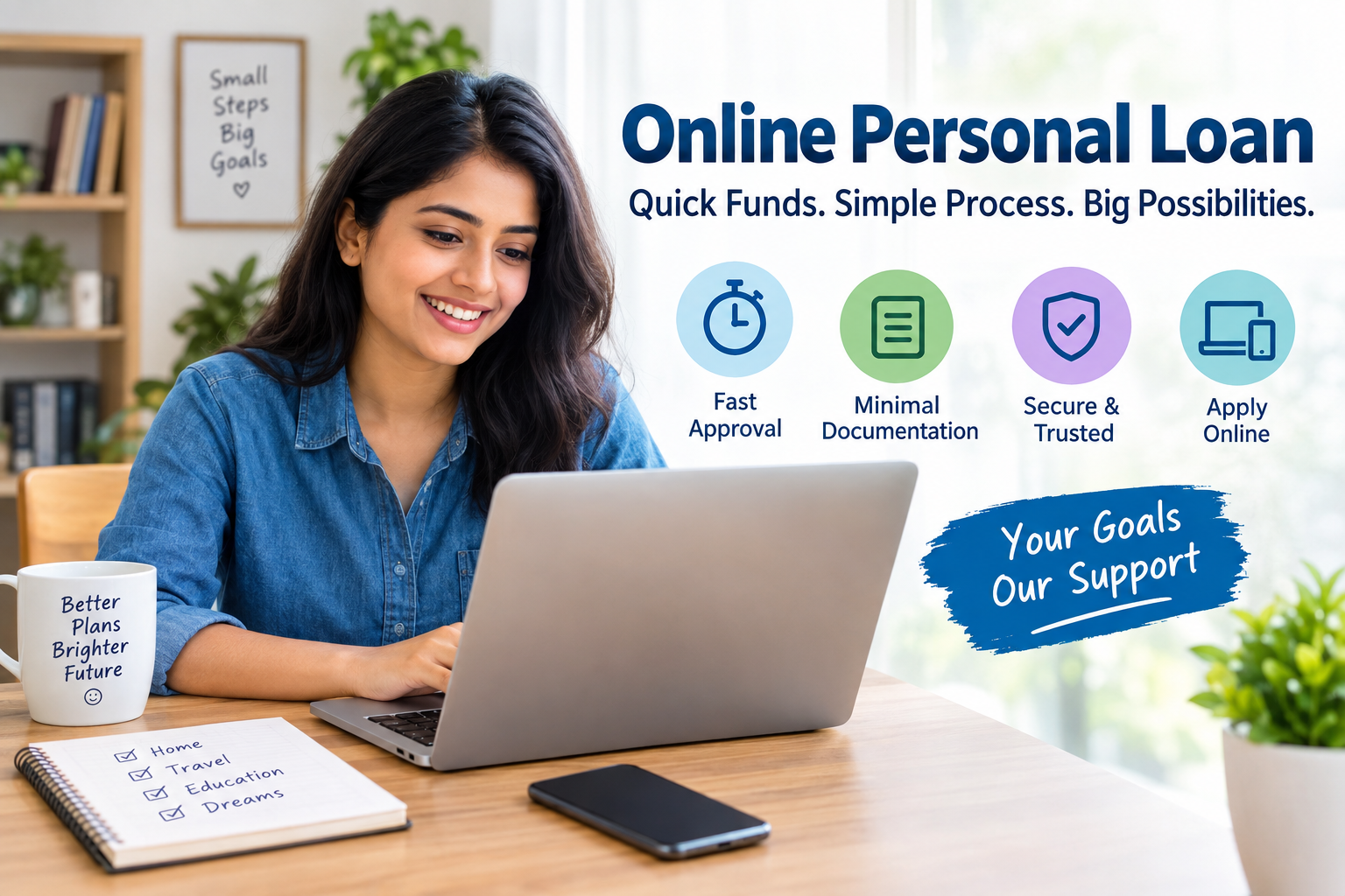 Online personal loan concept showing a woman applying for a personal loan online using a laptop, with icons representing fast approval, minimal documentation, secure service, and digital application.